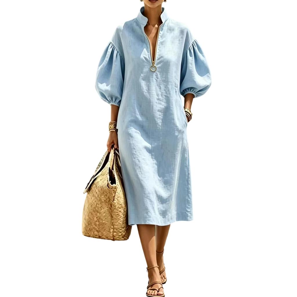 Women's Casual Loose Fit Half Zip Dress with Stand Collar and Puff Sleeves