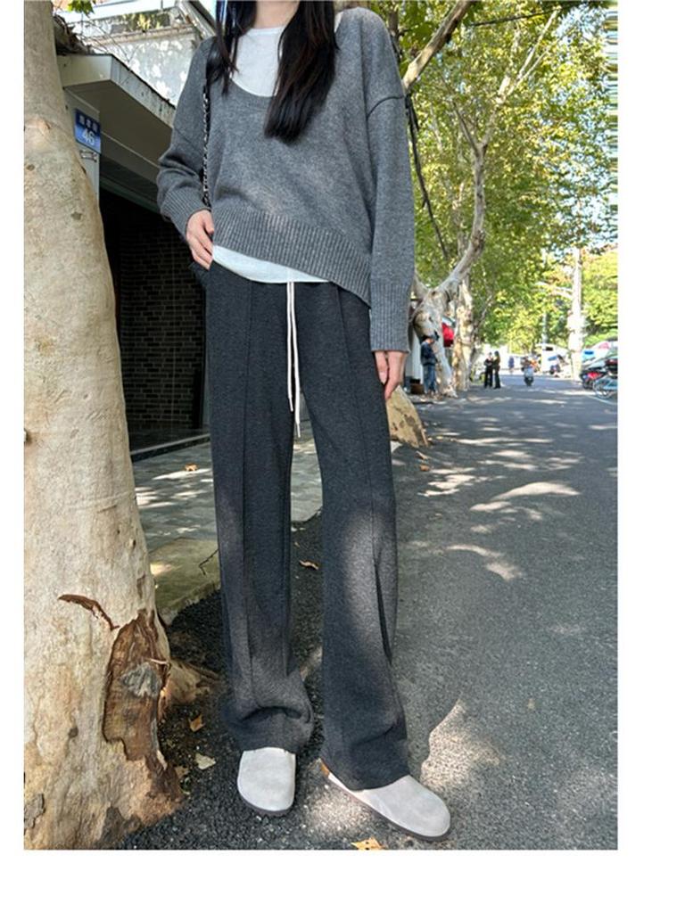 Women's Early Autumn Fleece-Lined High-Waisted Herringbone Trousers: Slimming, Casual Straight-Leg Design
