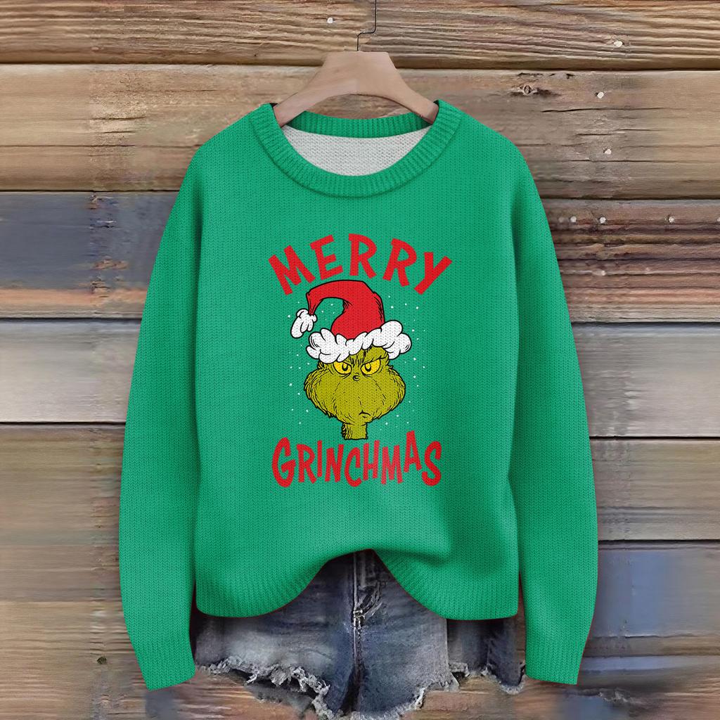 Women's Christmas Print Cardigan Long Sleeve Round Neck Knit Top