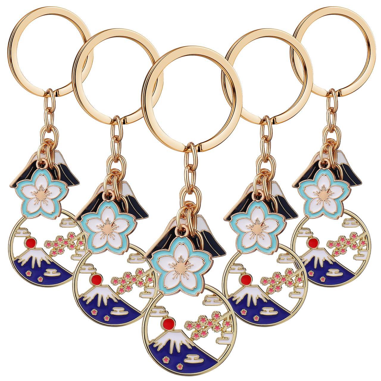 

[OUNONA] 5-Piece Mount Fuji Cherry Blossom Flower Keychain Set, Cute and Stylish Japanese-Style Key Chains, Key Rings, Car Keys, Backpack Charms,