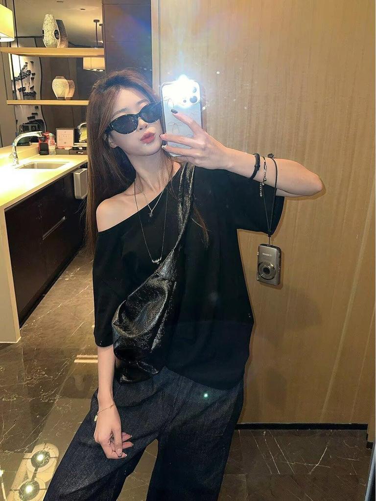 Spicy Girl Asymmetrical Neck Short-Sleeve T-Shirt - Women's Summer 2025 Korean Style Loose Slimming Top