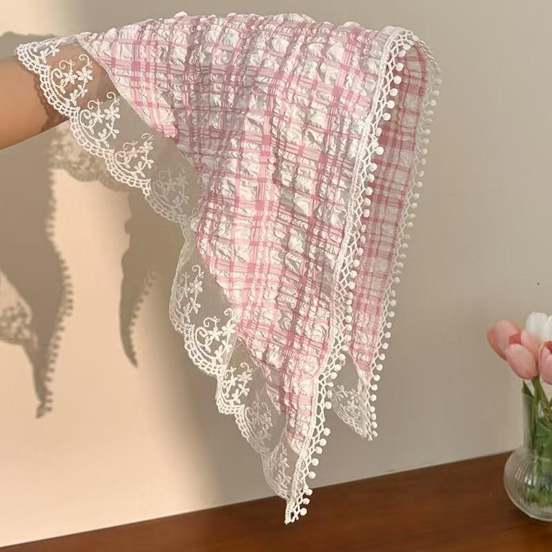 2026 Pastoral Style Lace Triangle Scarf Headband - Sweet Temperament Retro Plaid Ribbon Accessory.