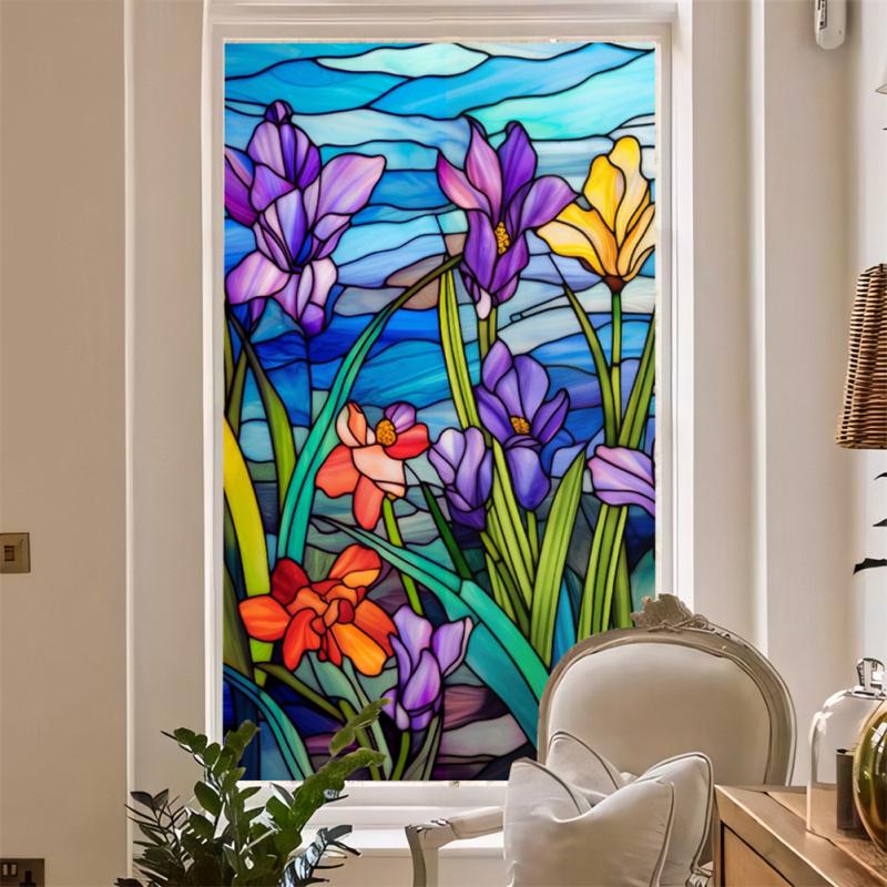 Window Privacy Film Static Clings Decals Colorful Orchid Pattern Adhesive Free Removable Anti UV