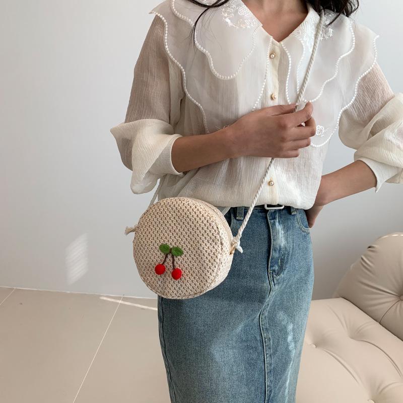2025 Spring New Straw Cherry Small Round Bag Versatile Casual Handwoven Shoulder Bag Cute Oblique Cross Tide Bag