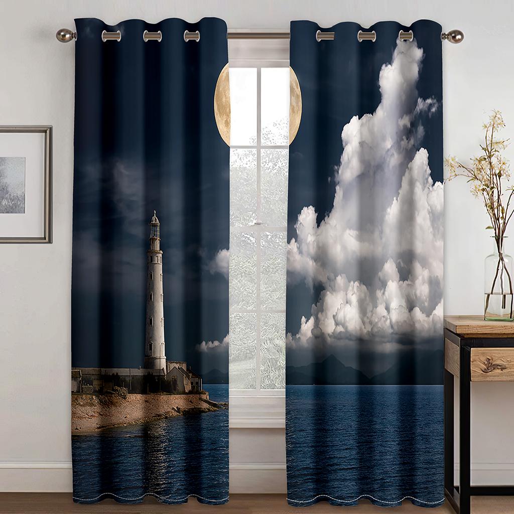Meer Wolken Mond Nacht Naturlandschaft Vorhänge für Kinderzimmer Kinder Wohnzimmer Kinder Fensterdekorationen Küchenvorhänge
