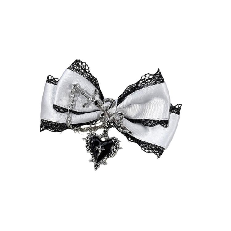 Fermaglio per capelli con design a catena a forma di cuore e fiocco, Barretta in pizzo punk per donna/ragazza, per abbigliamento casual e formale, Accessorio per capelli anime, 2 Pezzi