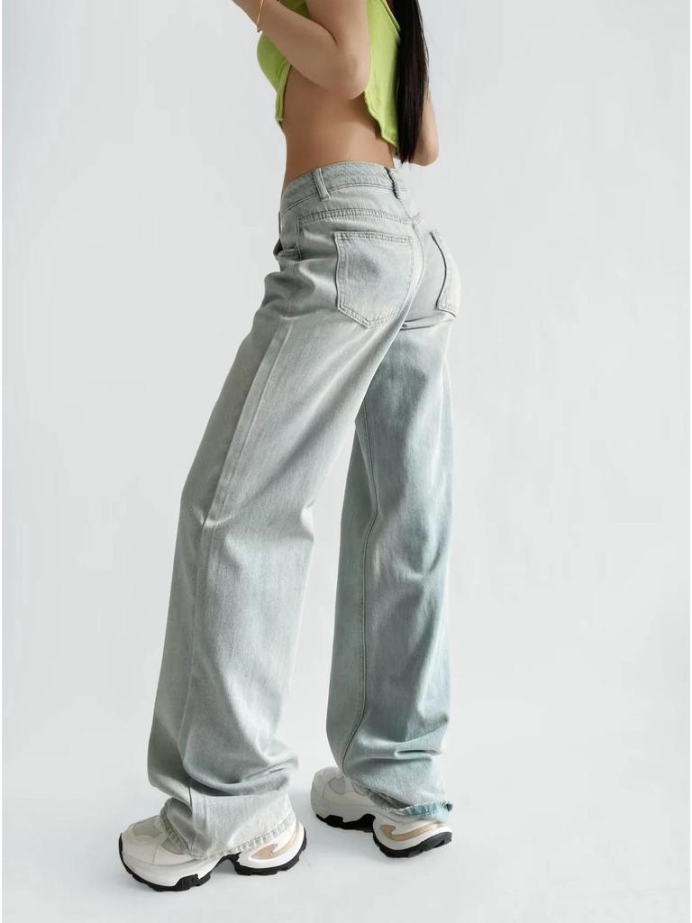 American Low-Waist Straight-Leg Loose Denim Distressed Wide-Leg Floor-Length Pants 2025 Summer Collection