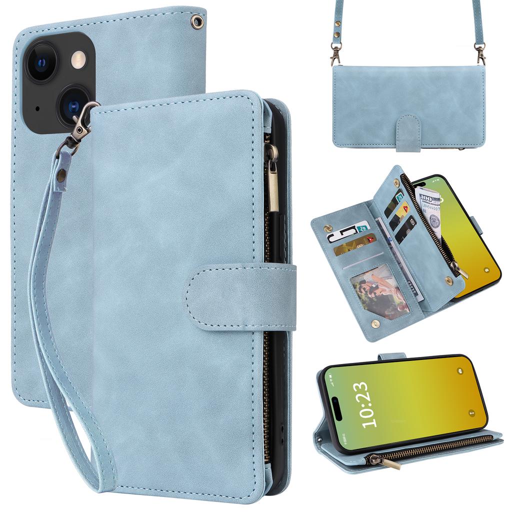 For iPhone 15 Plus Case Zipper Multi-Pocket Wallet Leather Phone Cover with Shoulder and Wrist Straps