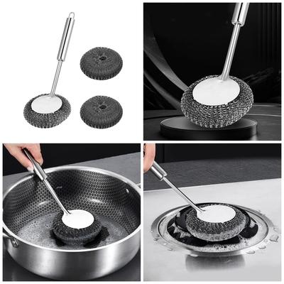 Steel Wool Scrubbing Brush Long Handle Stainless Steel Scrubber Set for Efficient Cleaning of Kitchenware Pots and Pans