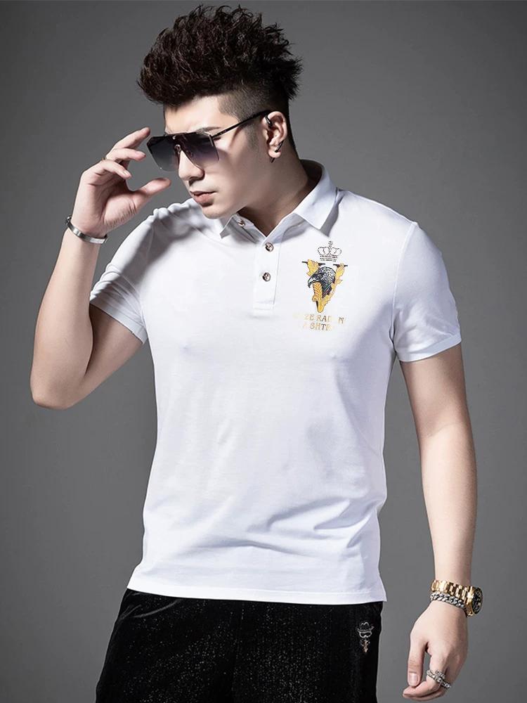 European New 2025 Men's Polo Shirt Short-Sleeve T-Shirt Trendy Brand Rhinestone Men's Casual Polo Top Summer