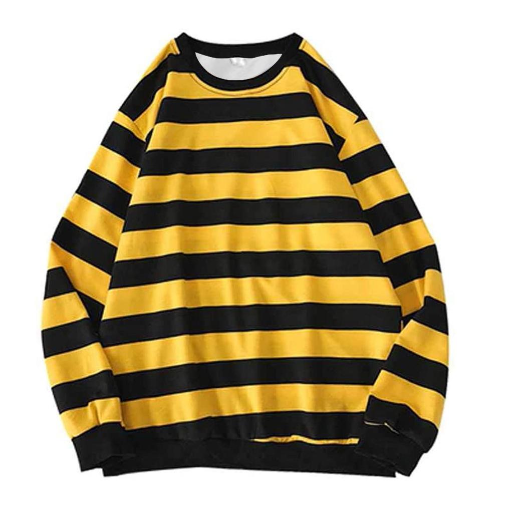 Men's Autumn Winter Round Neck Stripe Sweatshirt Pullover Tops Long Sleeved