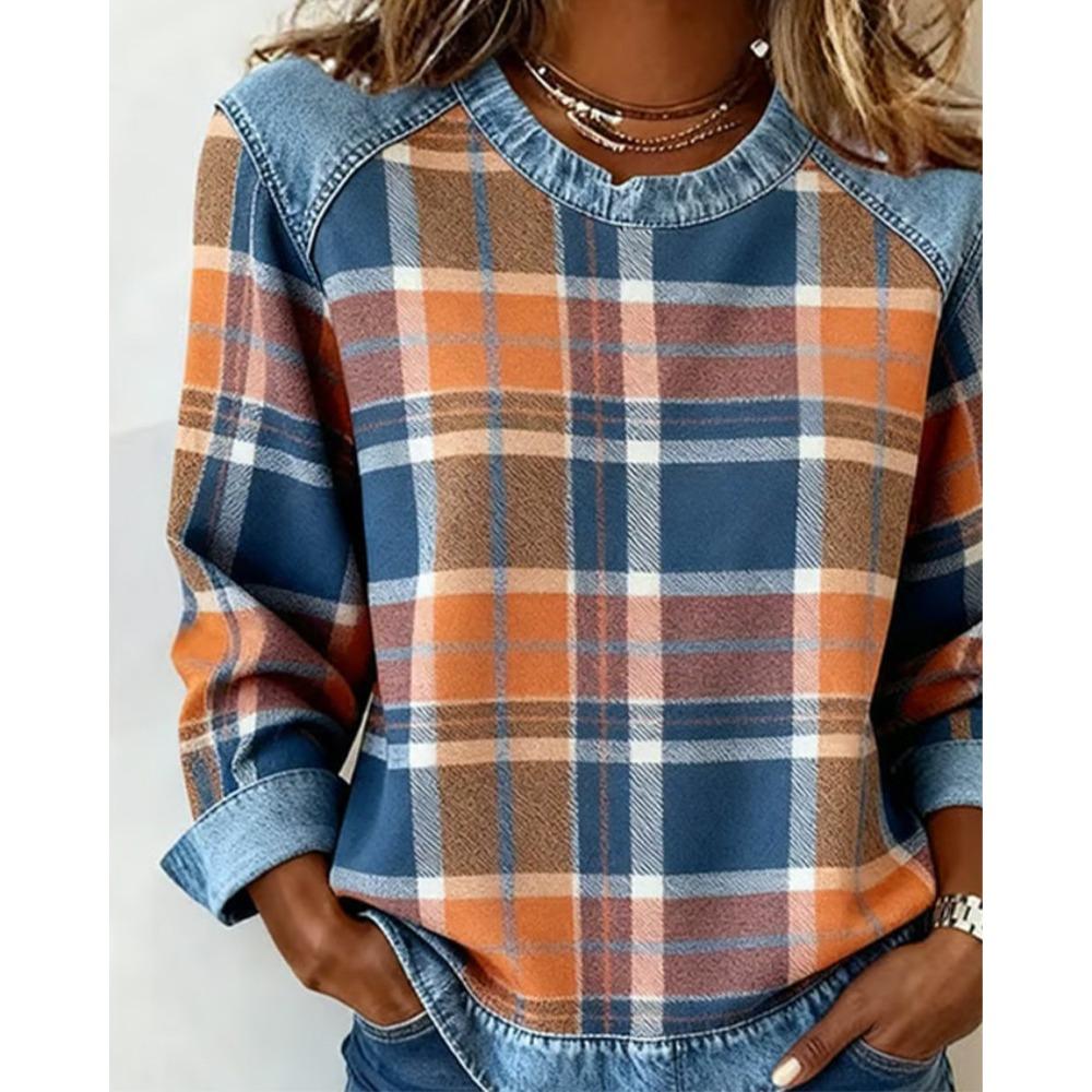 Damen karierter Patchwork-Kapuzenpullover aus Kunstdenim, Rundhals lockeres lässiges Sweatshirt, Mode bequemes Streetwear-Oberteil