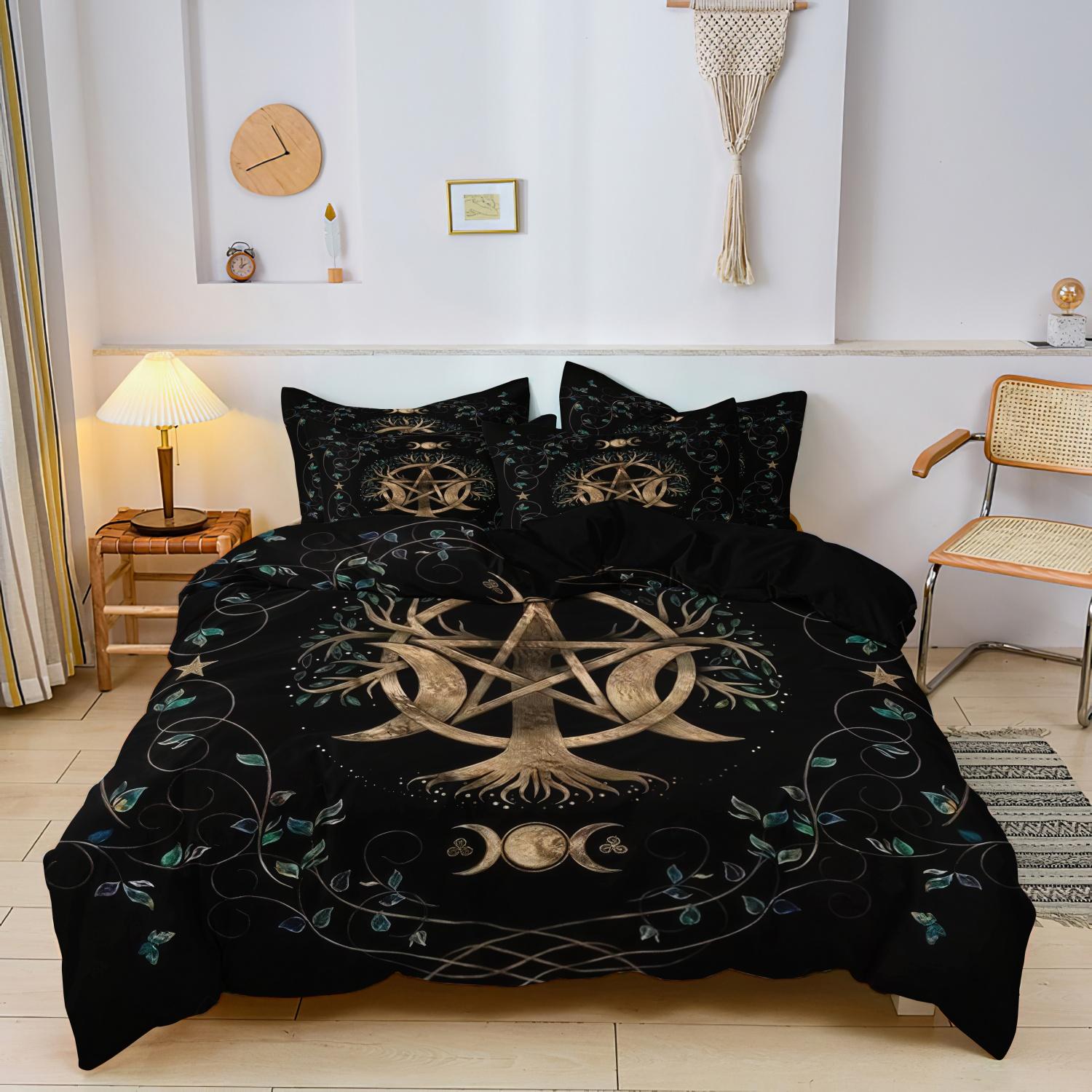 

3pcs Tree Of Life, Pentagram, Triple Moon Phase,Green Vines And Leaves Digital Print Bedding Duvet Cover Set 135x200cm