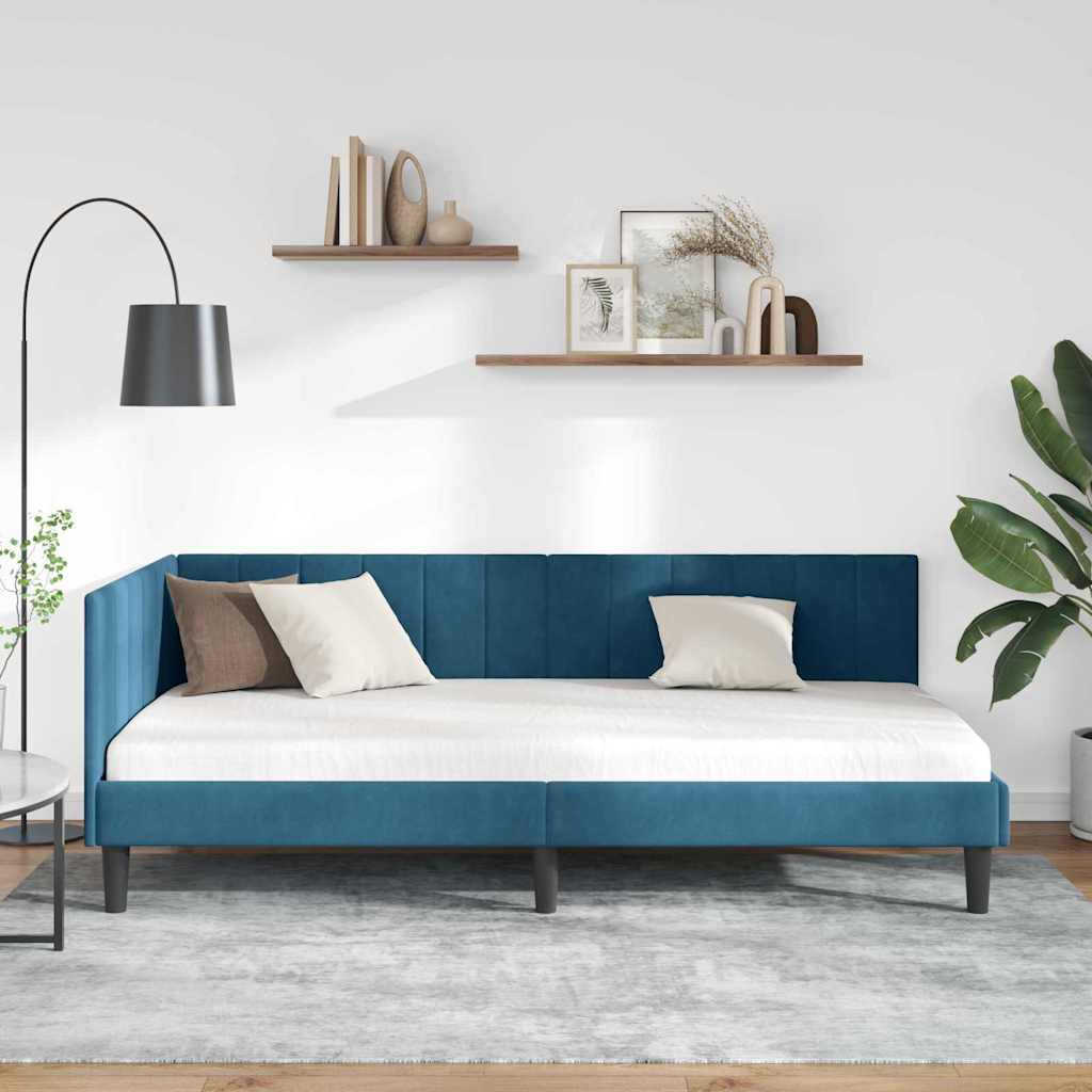 L Shaped Bed Frame with Headboard Blue 100 Cm X 200 Cm Velvet