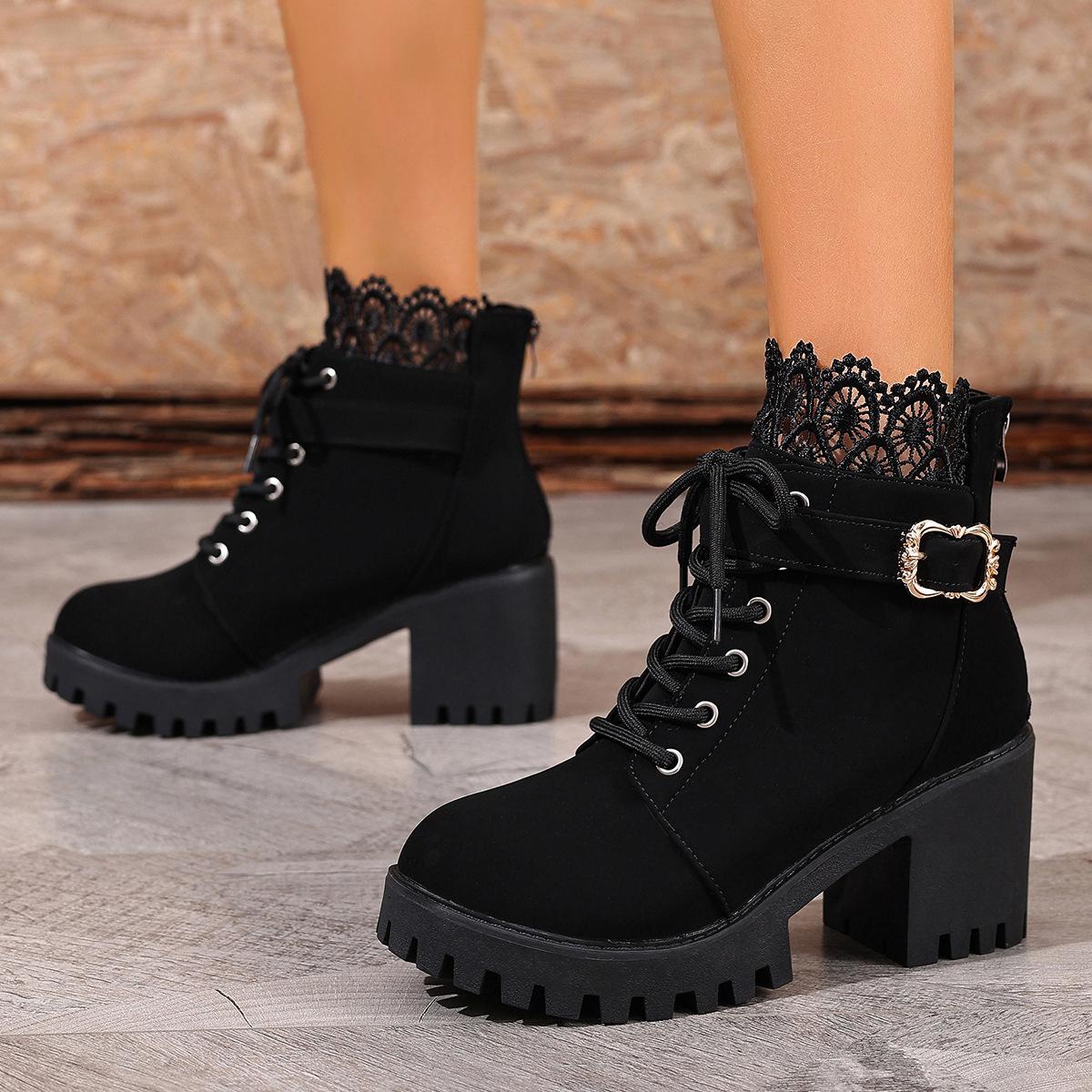 

Women s Winter New British Style Lace-Up High Heel Ankle Boots Plus Size Chunky Platform Lace Short Boots De Mujer 43