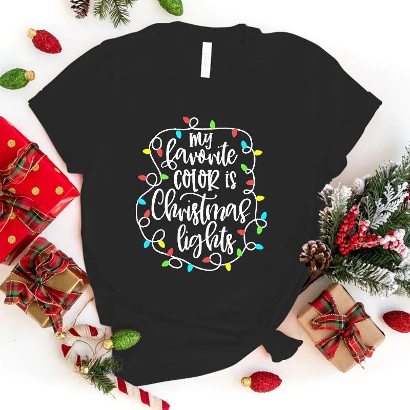 Christmas Lights Print T-Shirt Women Loose Short Sleeve Round Neck Top Female Casual Shirt Tees