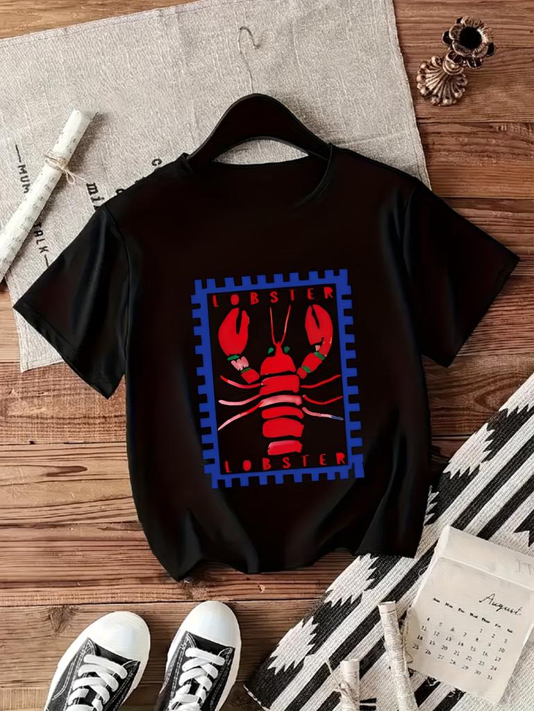 Red Lobster Stamp T Shirt Unisex Summer Sea Food Graphic Tees Retro Animal Printed Tops Loose Short Sleeve ONeck Casual Tees