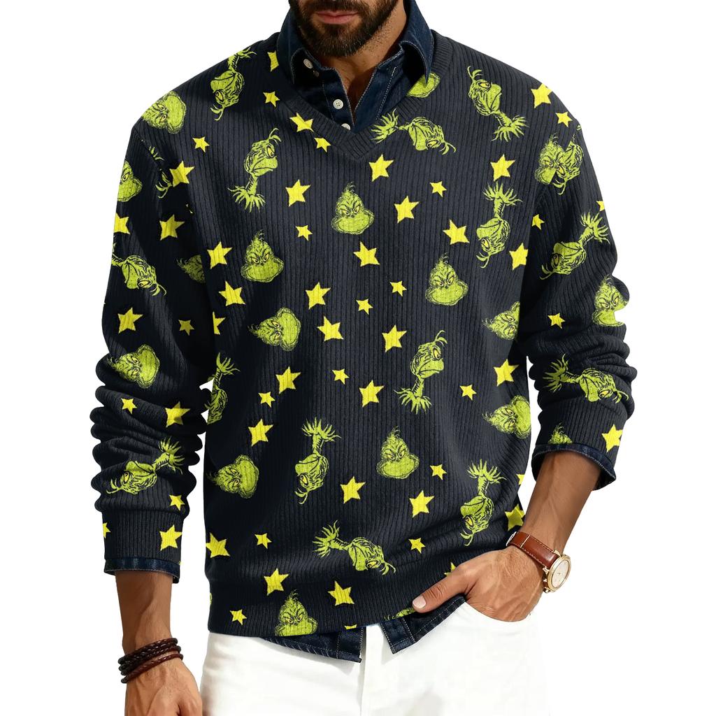 Men's V-neck Long Sleeve Ribbed Knit Pullover