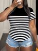 A Women'S Plus-Size Black And White Striped Patchwork Short-Sleeve T-Shirt. A Classic. Versatile. Top Made of Soft And Comfortable Fabric. Suitable Fo