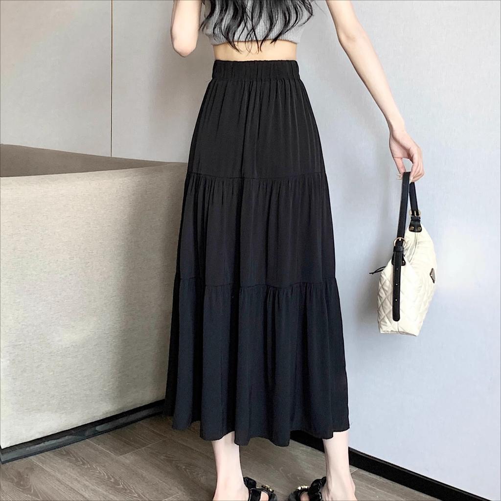 Black High-waisted A-line Mid Skirt Women's Spring Autumn Elegant White Long Pleated Skirts