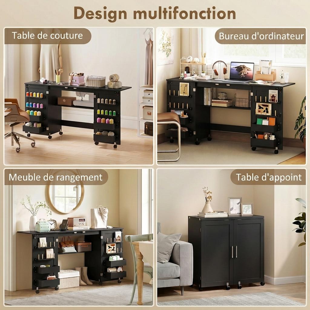 Folding Sewing Table on Casters, 2 Magnetic Doors, 4 Trays, 20 Hooks, 160 x 40 x 83 cm, Black