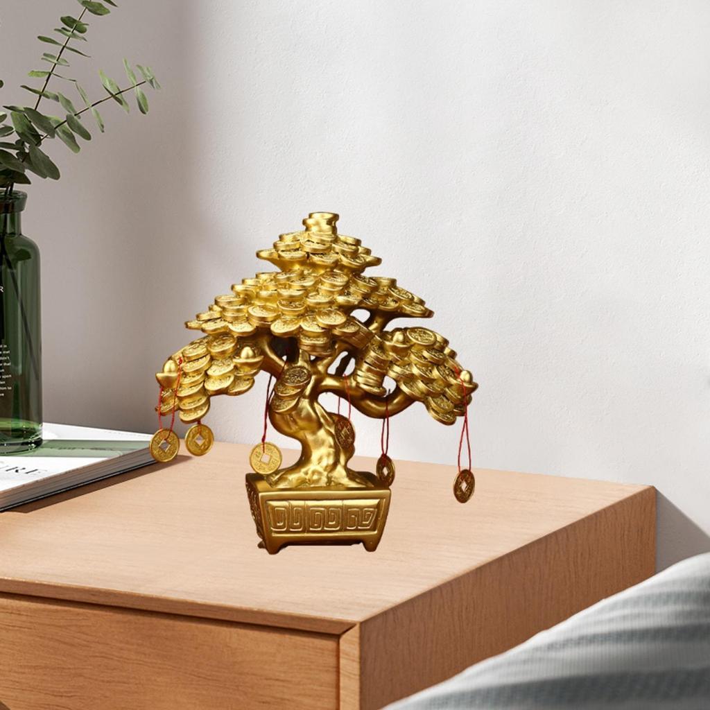 Chinese Money Tree Table Ornament Resin Figurine Lucky Tree Sculpture 6.8x3.5x7.6inch for Bedroom