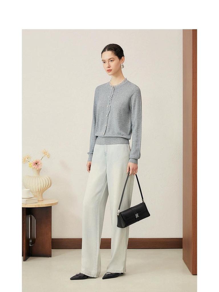 2025 Autumn High-End Ladies Knit Sweater with Ruffle Trim Long Sleeves
