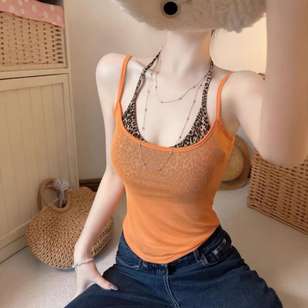 American Spice Girl Thin Perspective Suspender Vest Women's Summer Slim-fit Inner Leopard Print Breast Wrap Short Top Two-piece Set