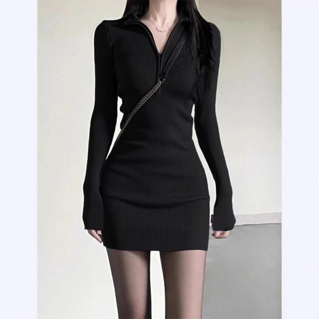 Women's Spicy Korean Style Hip-Hugging Dress with Black Stockings - Spring/Autumn Slim-Fit Outfit