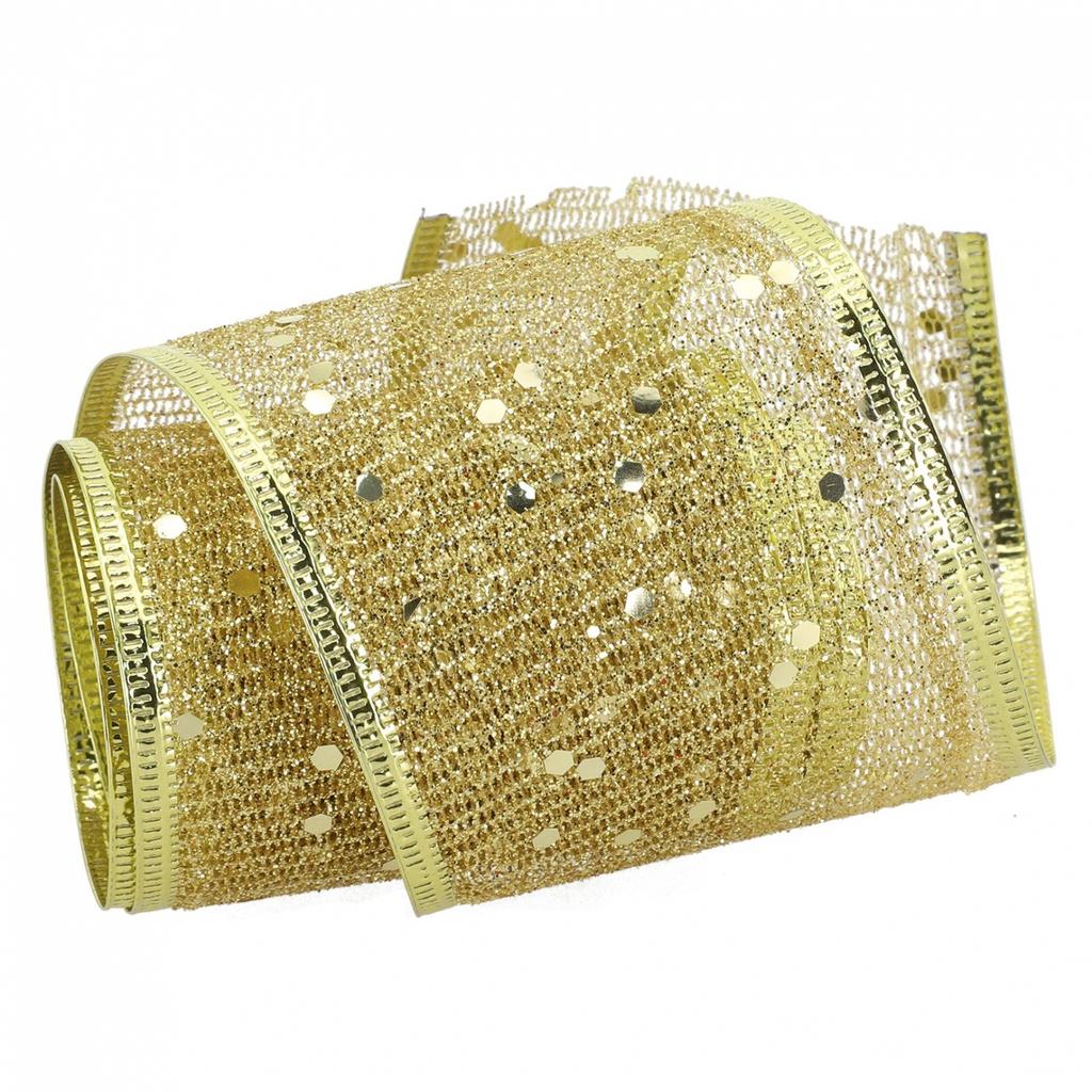 Glitter Wired Ribbon, Organza Sheer Ribbon with Gold Glitter Swirl Pattern