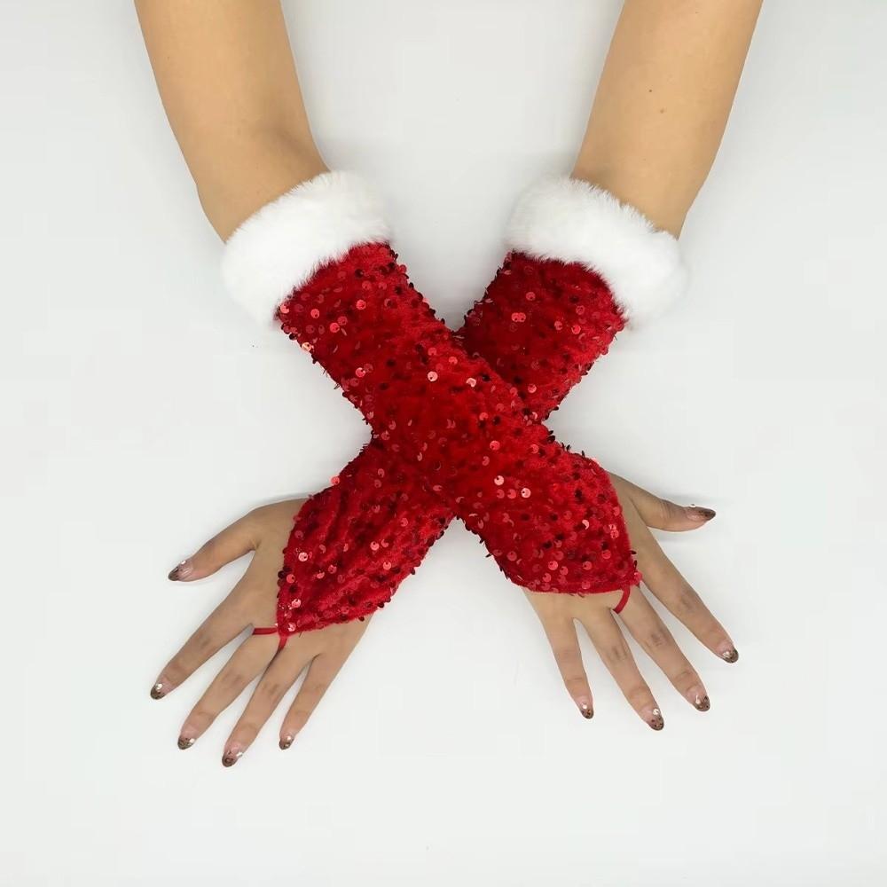 Fuzzy Hook Finger Exposed Finger Glove Red Clothing Performance Glove  Christmas Gifts