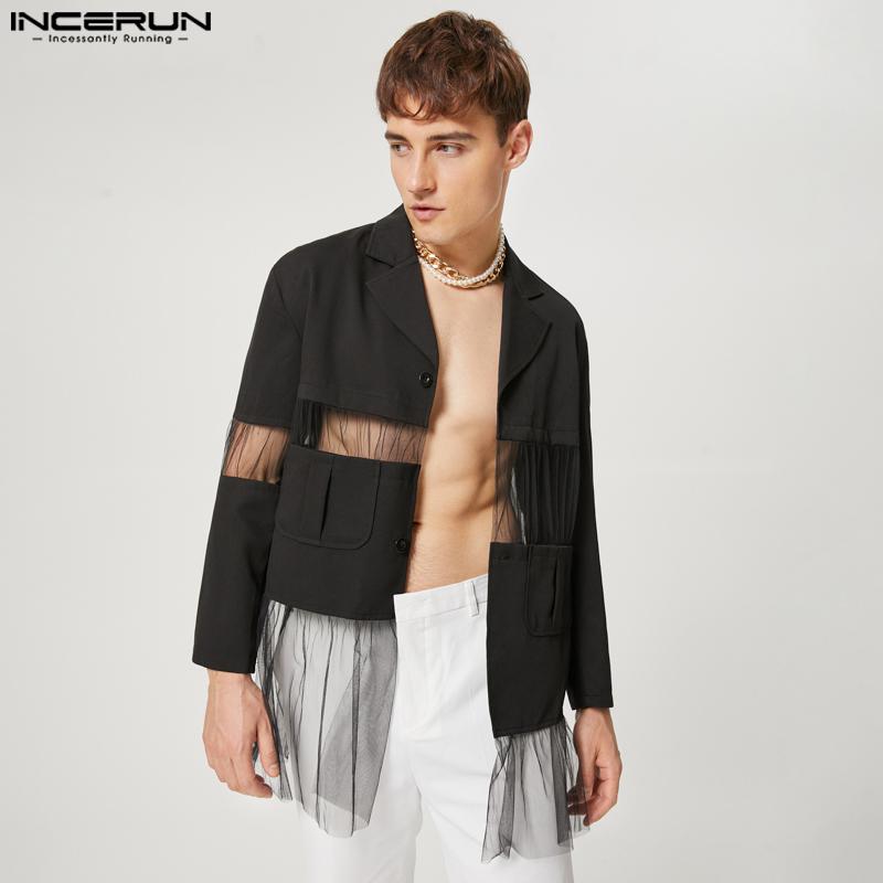 

INCERUN весенний черный мужской лоскутный прозрачный пиджак с длинными рукавами и кисточками, блейзер на пуговицах, готические нарядные пальто, большие размеры