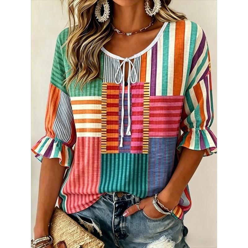 Women's Colorful Patchwork Striped Print Tie Neck Blouse, Casual Loose Tops for Spring Summer Daily Wear & Vacation Occasions