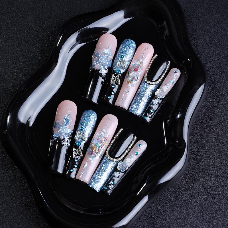 Handmade Black French Wearable Nails with Hand-Painted Flowers and Sparkling Diamonds – European & American Style Medium