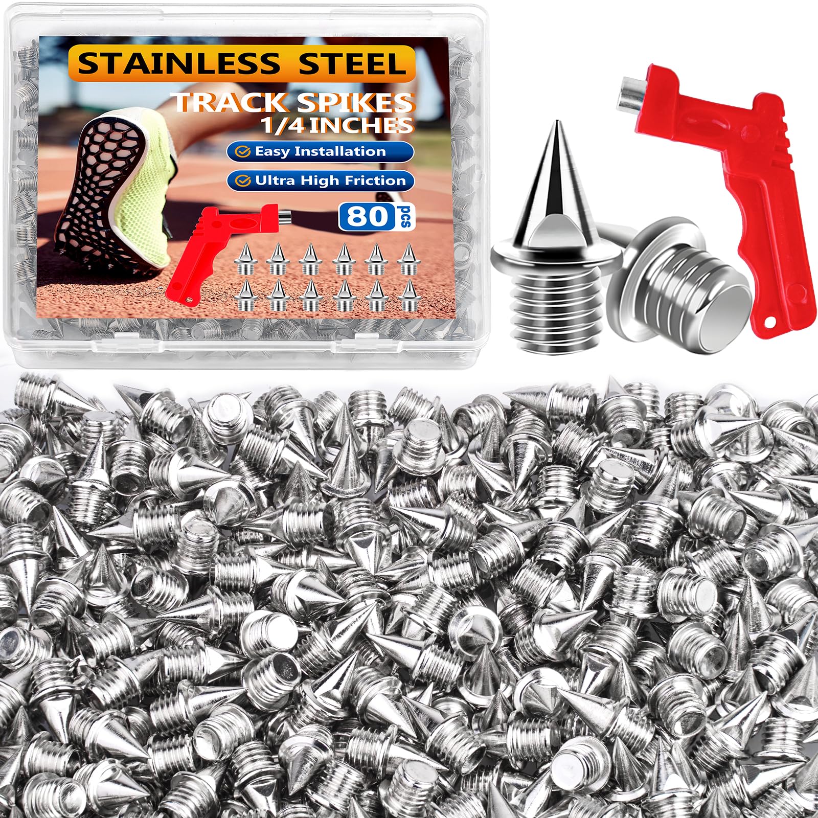 

80 Pcs 1/4 Inch Track Spikes, Stainless Steel Pyramid Track and Cross Country Shoe Spikes with Spike Wrench, Replacement Spikes