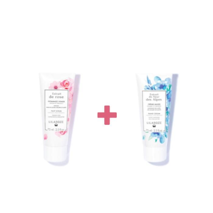 Lilaroze Paris Pack Crème Mains Extrait de Fleur Des Alpes Nourrit et Protège + Gommage Visage Extrait de Rose Exfolie et Adoucit