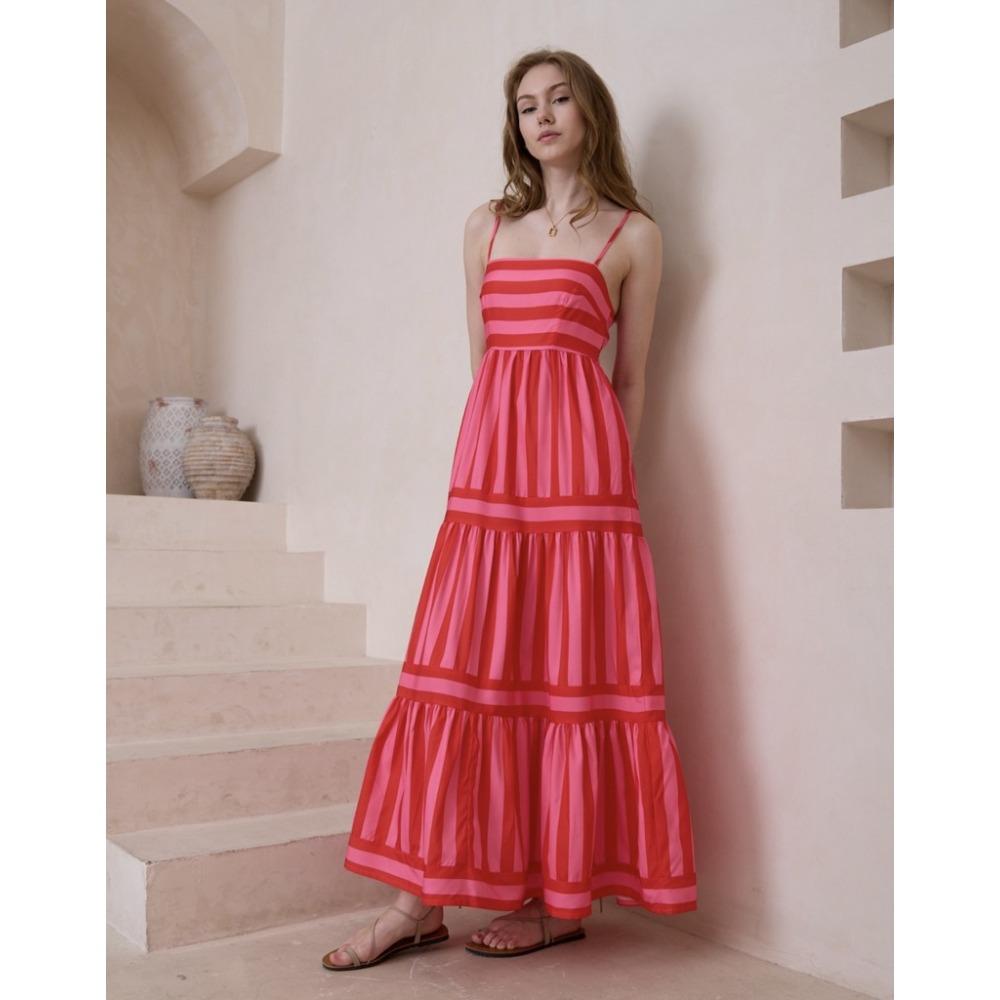 Women's Strapless Sleeveless Midi Dress Loose Mid Waist Vertical Stripe Printed Polyester Micro Elastic Tiered Ruffle Summer Vacation Maxi Dress