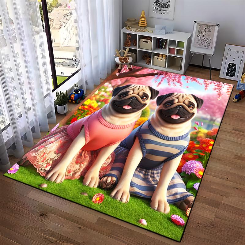 Cute Pugs in Colorful Dresses on Flower Lawn Printed Carpet Suitable for use as an anti-slip for living room bedroom sofas