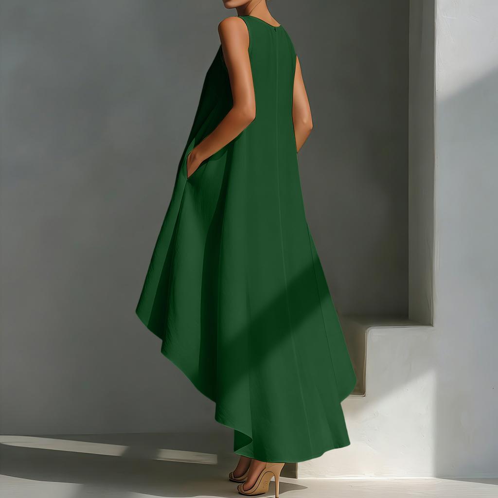 Women's Color Cotton Linen Irregular Sleeveless Dress With Short Front And Long Back