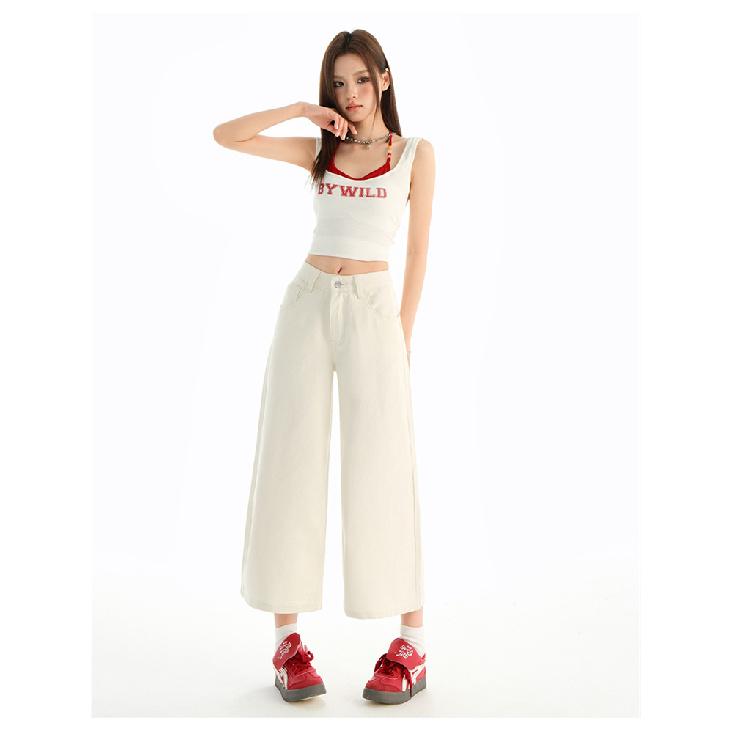 High Waist Calf-Length Denim Pants Women'S Retro Washed Harajuku Wide Leg Jeans Casual Loose Y2K Streetwear Mid Long Denim Jeans