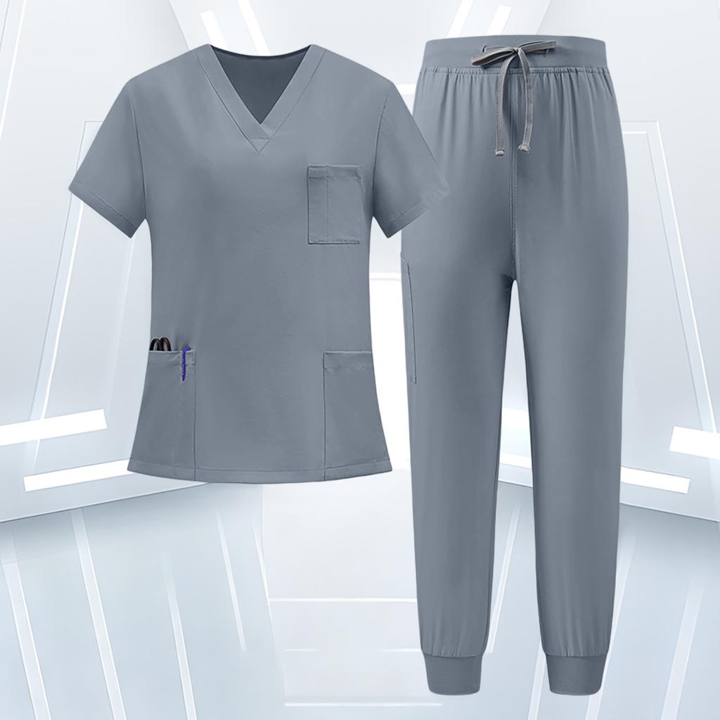 Women's Uniform Scrub Set - Quick-Dry V-Neck Short Sleeve Top with Pockets and Long Pants, Color