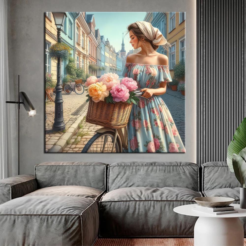 The Girl and Flowers On The Street Diamond Painting 5d Full Square Round Diamond Embroidery Woman Landscape Mosaic Cross Stitch Kits Home Decor J4017