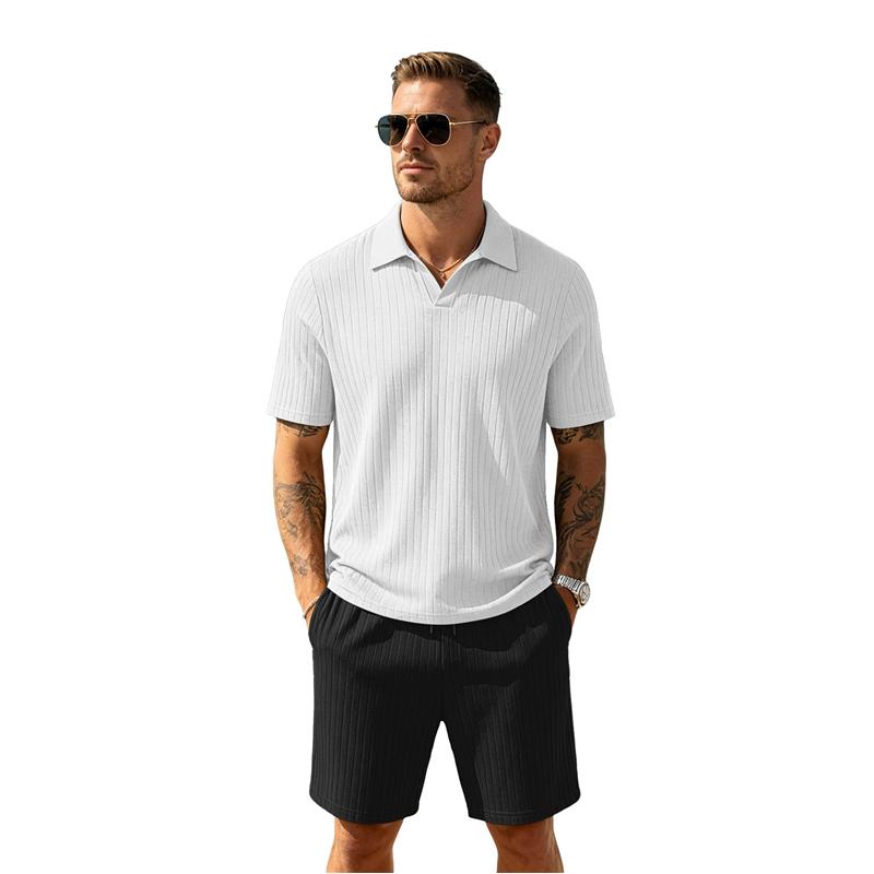 Men's Summer Beach Outfits 2 Pcs Jacquard Knit Lounge Short Sleeve Shirts and Shorts Vacation Texture Sets
