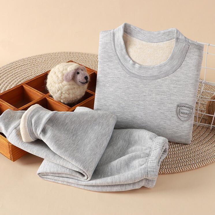 

2 шт./компл. Новый детский теплый комплект нижнего белья для мальчиков и девочек, зимний мультяшный, с толстым плюшем, с круглым вырезом, одежда для сна 90 серый