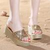 Round head slippers women's thick-soled wedge heel outer wear summer new fashion muffin flat-bottomed one-word sandals women's shoes