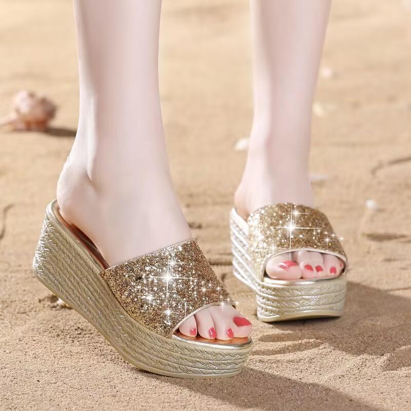 Round head slippers women's thick-soled wedge heel outer wear summer new fashion muffin flat-bottomed one-word sandals women's shoes