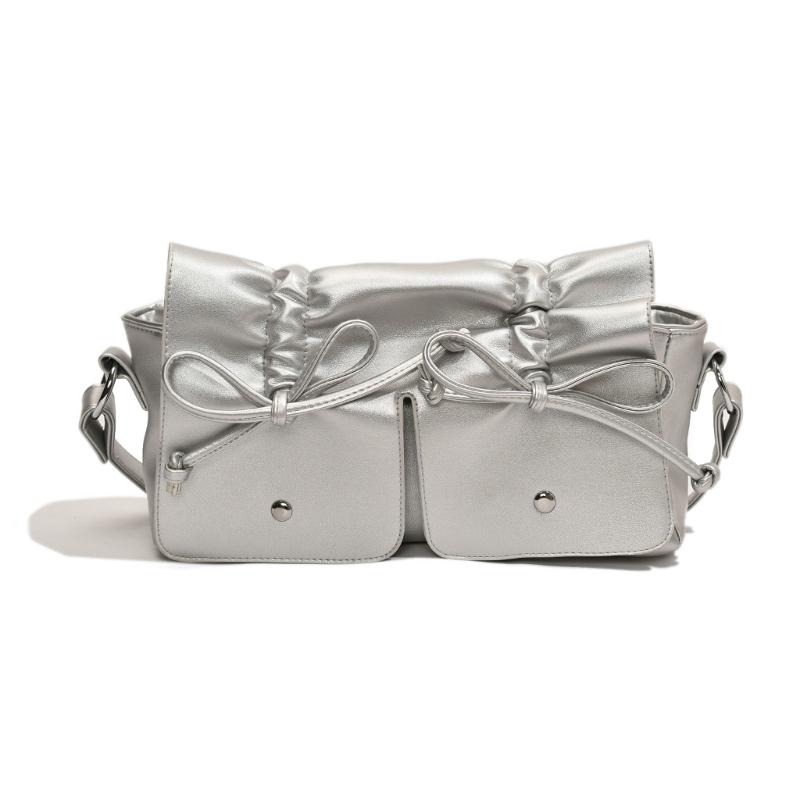 Womens Aesthetic PU Leather Underarm Bag Pleated Sweet Bowknot Shoulder Crossbody Bag Adjustable Armpit Handbag Purse