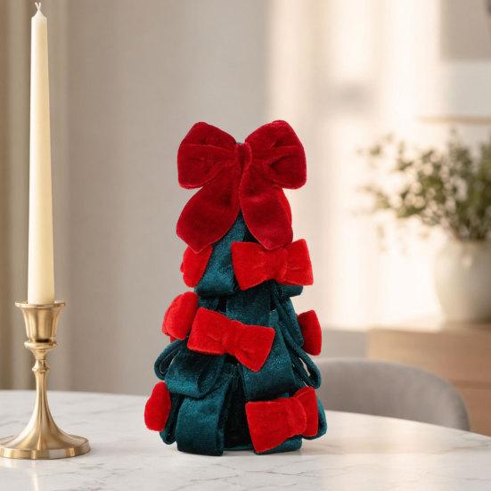 Stacked Velvet Bow Decoration Christmas Tree Decoration, Shaped Desktop Ornament Tabletop for Fireplace Dining Table Window Holiday Decor Versatile