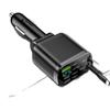 Dual-Line Retractable Car Charger with Digital Display, PD Fast Charging for Huawei & Apple.