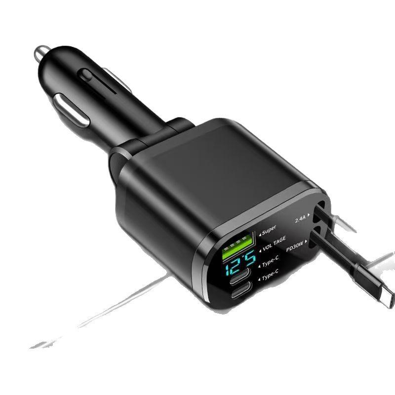 Dual-Line Retractable Car Charger with Digital Display, PD Fast Charging for Huawei & Apple.
